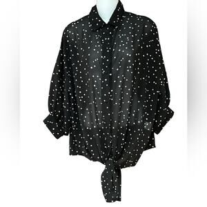 Easel Womens Medium Sheer Tie Front Top in Black with White Stars